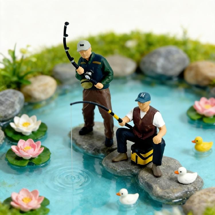 Artistic 1/64 Scale Miniature Fishing Figure Resin Attractive Mini Fishing Scene Resin Ornament for Decorative Use Gift