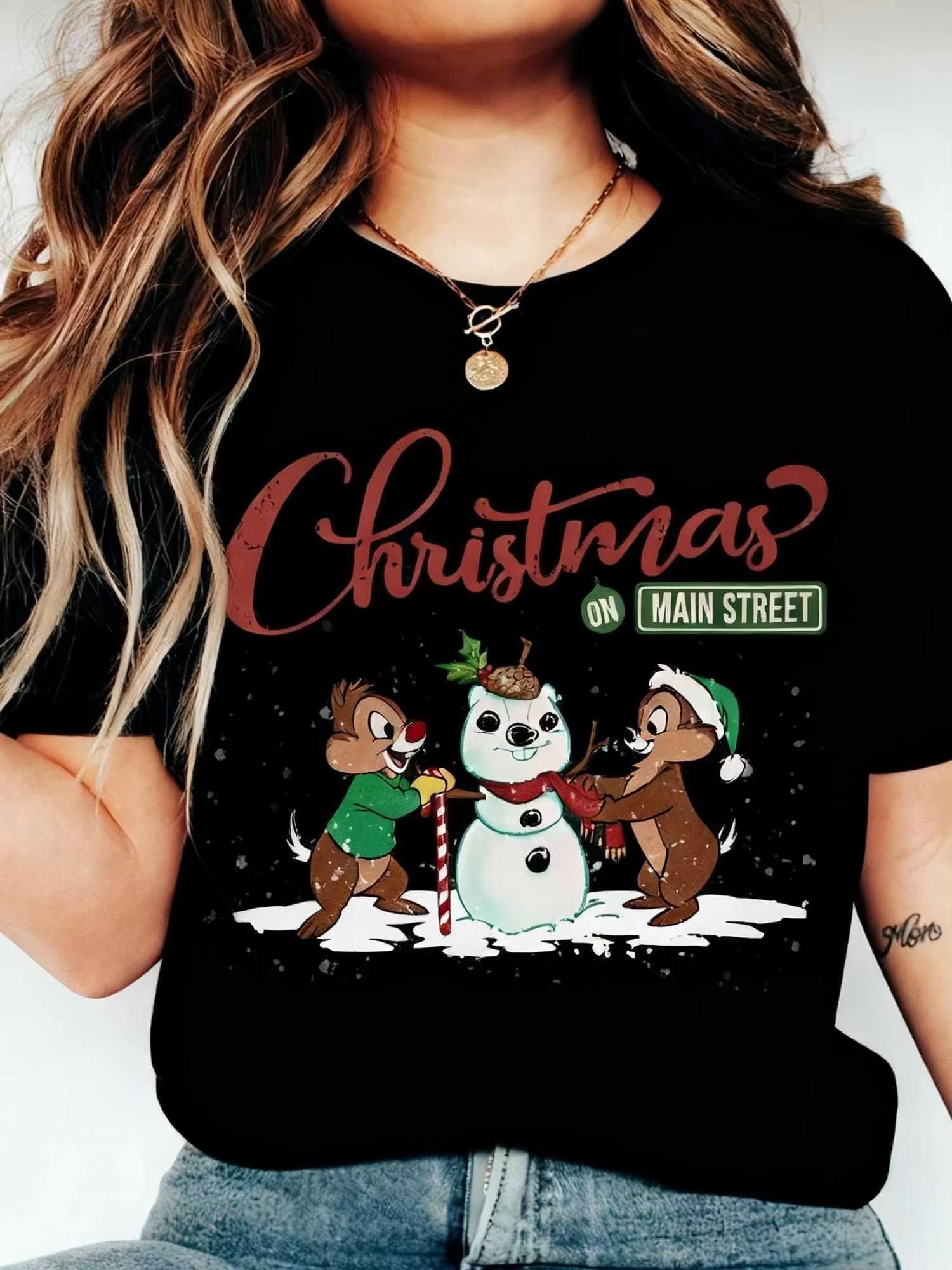 

WomenS Double Trouble Chip N Dale Christmas on Main Street TShirt Official Chipmunks Holiday Party Tee with S