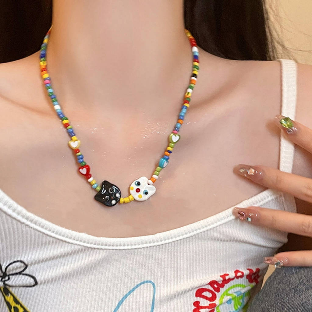 Cat~ Beaded Kitten Ceramic Necklace Female Summer Clavicle Chain Cartoon Accessories