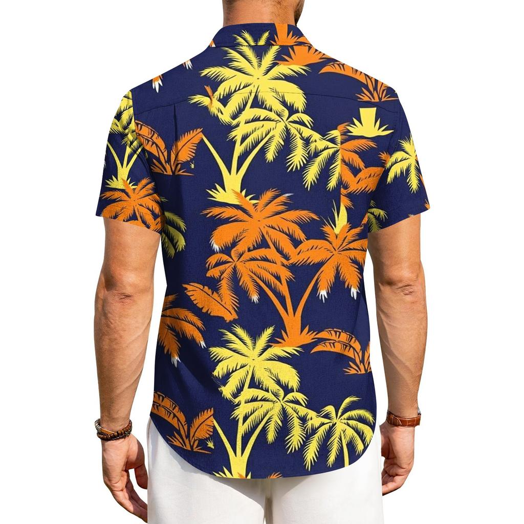 Men's Casual Loose Fit Short Sleeve Shirt Hawaiian Style Button Down Tropical Leaf Print Summer Beachwear Shirt