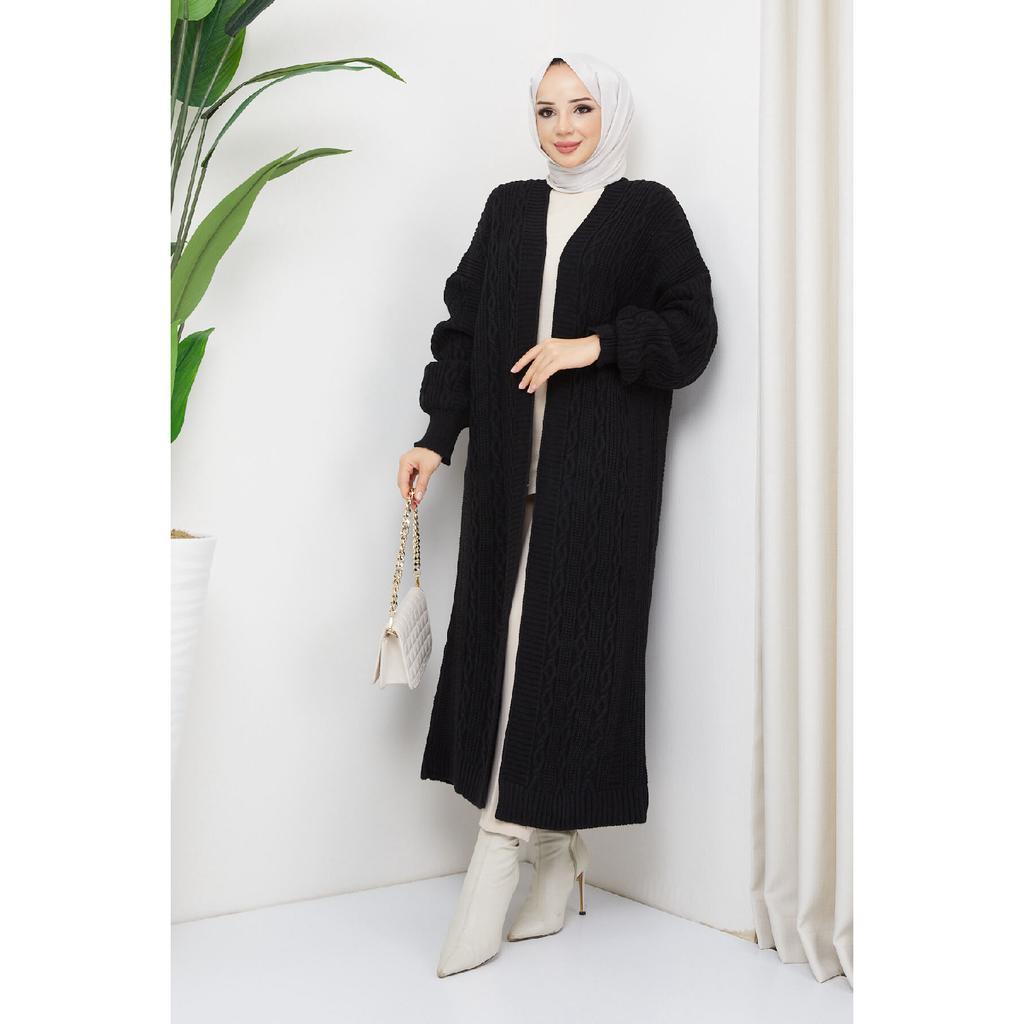 Damen-Strickjacke in voller Länge mit Ballonärmeln in Braun