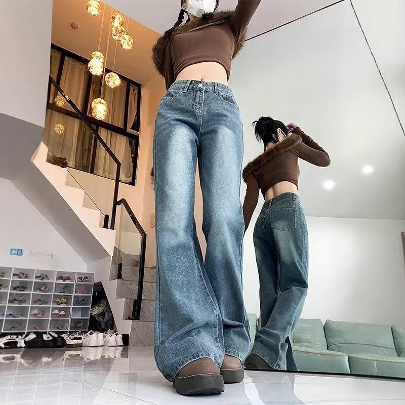 Plus Size Women's High Waist Flare Jeans - Slimming Straight Leg, Floor-Length, Horseshoe Pants for Spring & Autumn 2024