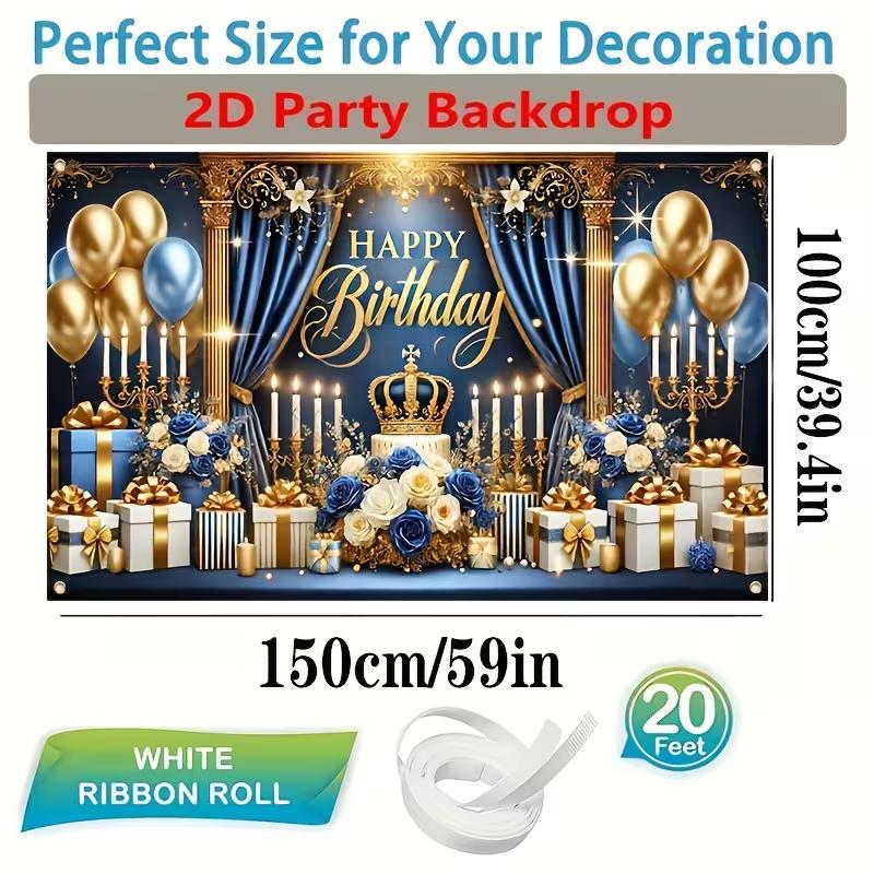 2D Happy Birthday Background Cloth Blue Gold with Candles, Gifts & Glitter Banner