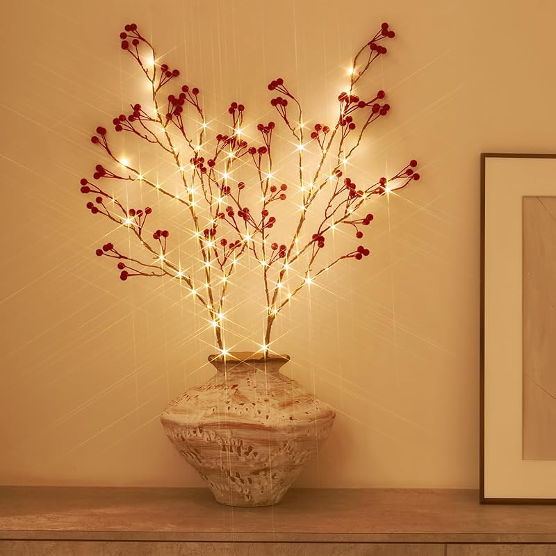 Fudios Magnolia Branches Lights with Timer 32IN 60 LED Battery Operated or USB Plug in Artificial Greenery Magnolia Stems for Spring Decor