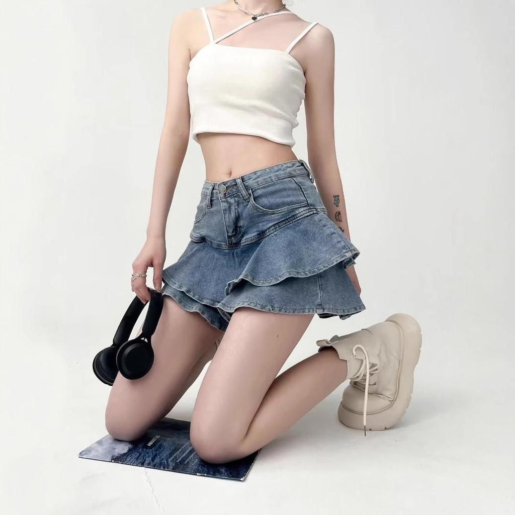 Women's High Waist Ruffle Denim Mini Skirt - Summer A-line Bodycon Fishtail