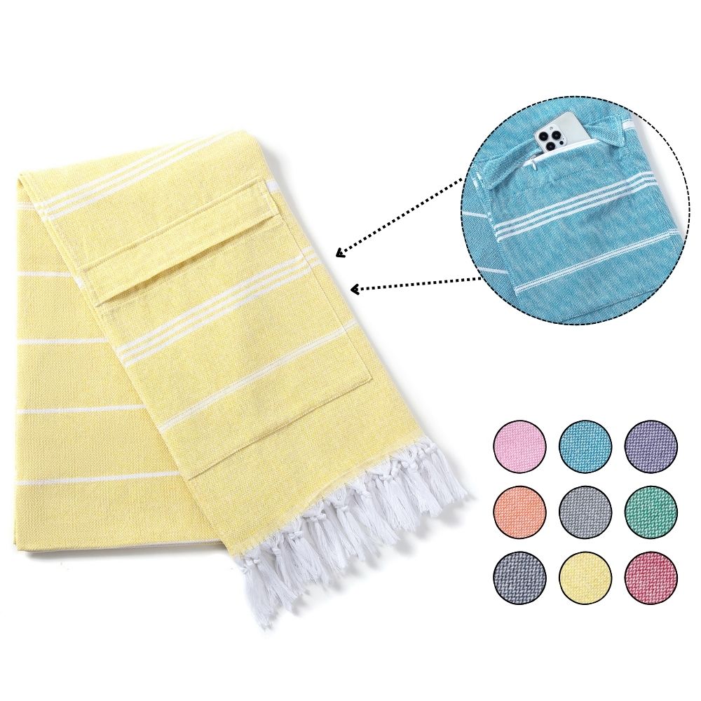 Factory Turkish Cotton Quick-Dry Fringe Pocket Beach Towel Striped Pattern Custom Logo Sand-Free Hidden Everyday 100*180cm&299 and Below