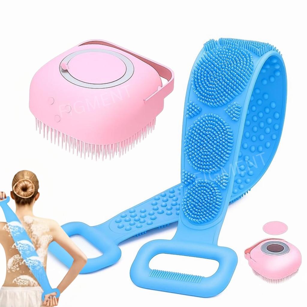 FIGMENT Silicone Body Back Scrubber - Blue Double Side Bathing Brush for Skin Deep Cleaning Massage | Dead Skin Removal Exfoliating Belt for Shower