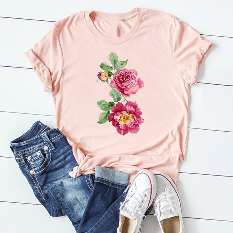 (Asian Size) Women Plant Lovely Flower Trend Cute Short Sleeve Print Tee Top Tshirt Lady Female Clothing Summer Fashion Casual Graphic T-shirt