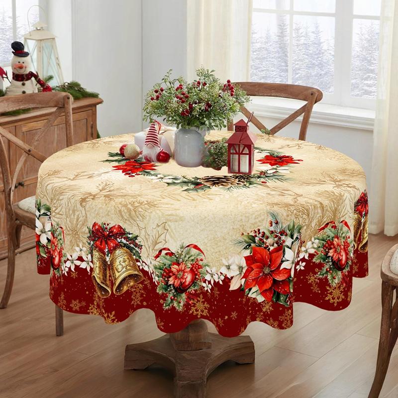 Vintage Christmas Tablecloth Poinsettia Bell Table Cover Christmas Decorations for Home 2026 Xmas Gifts Navidad Noel New Year