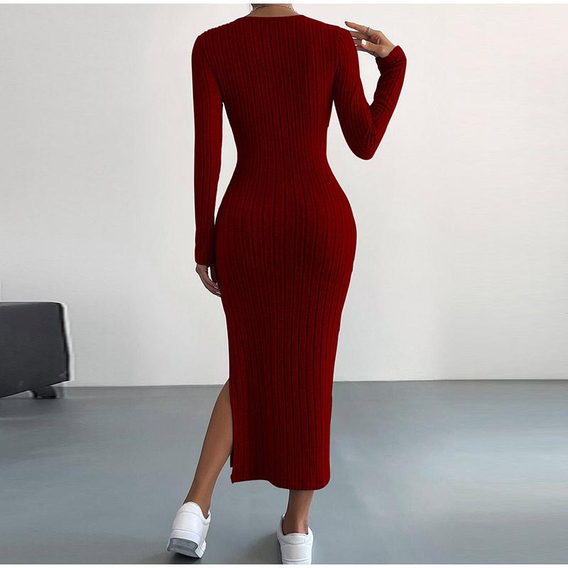 New Women Spring Autumn Casual Dress Solid Color Knitted Dress Sexy Slim Elegant Retro Dresses Long Sleeve Round Neck Side Slit Dress