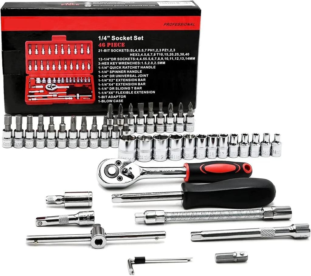 A 46-piece Set of Household Auto Repair Combination Tools, Xiaofei 1/4 Ratchet Wrench Socket Screwdriver Hex Socket Toolbox
