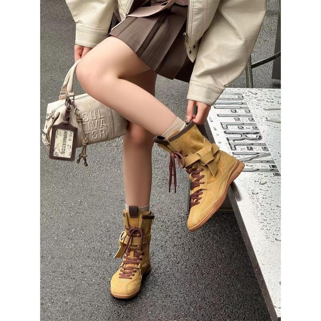 2025 new retro Martin boots women's brown boxing boots round head lace-up sports boots short boots foreign versatile Korean style