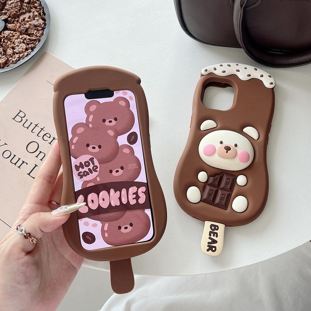 Kawaii 3D Cartoon Chocolate Ice Cream Bear Phone Case For iPhone 16 15 14 13 12 Pro Max 11 Cute Soft Silicone Back Cover