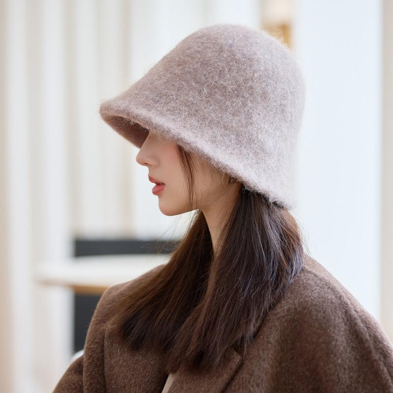 Autumn and Winter Hat Women's Solid Color Knitted Wool Hat Fleece Warm Bucket Hat Bucket Hat