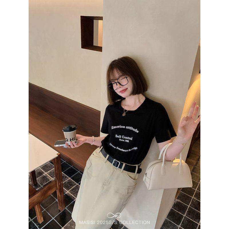 

Maxi Plus Size Women s Clothing Letter Crew Neck Short Sleeve T-Shirt Summer Slightly Oversized Girls Loose Slim Looking Versatile Casual Top Black (First Batch) M
