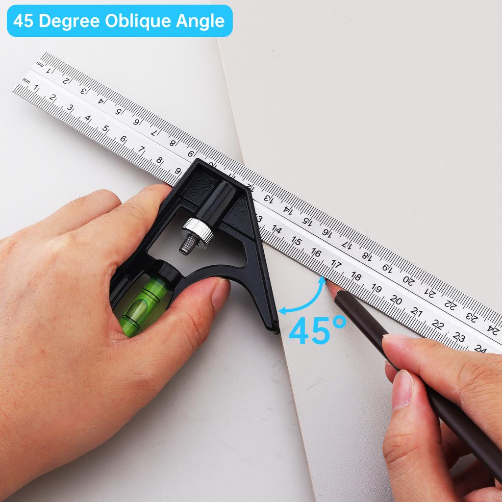 12inch 30cm Metric & Imperial Scale Combination Angle Ruler 45 / 90 Degree with Bubble Level Stainless Steel Multi-functional Measuring Tool