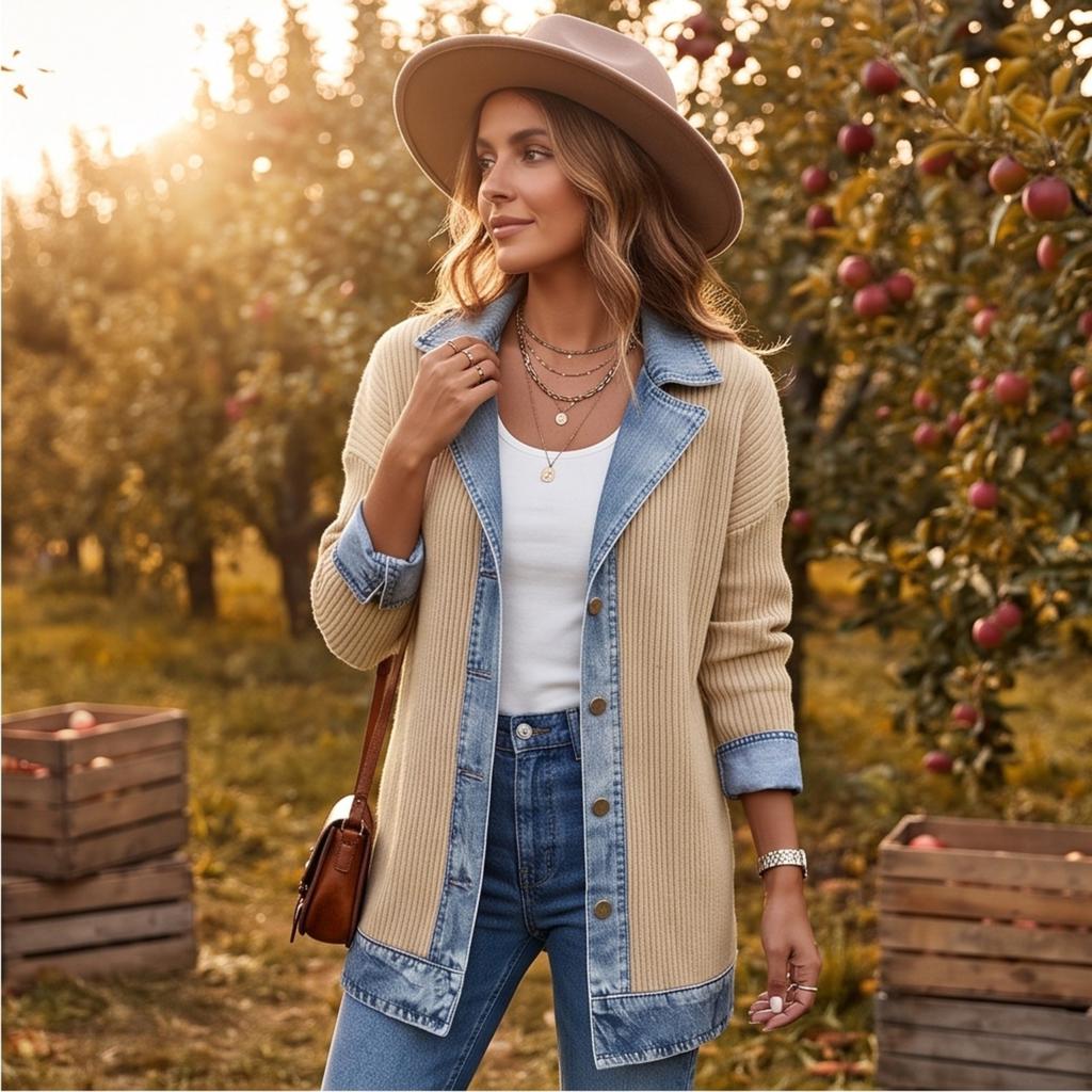 Jachetă tricotată patchwork din denim pentru femei, cu guler rever, pentru ținute casual