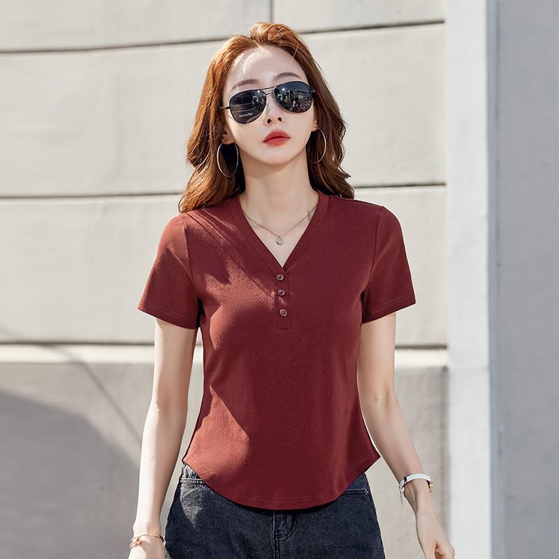 

Женский летний новый топ с коротким рукавом и V-образным вырезом на пуговицах M красный