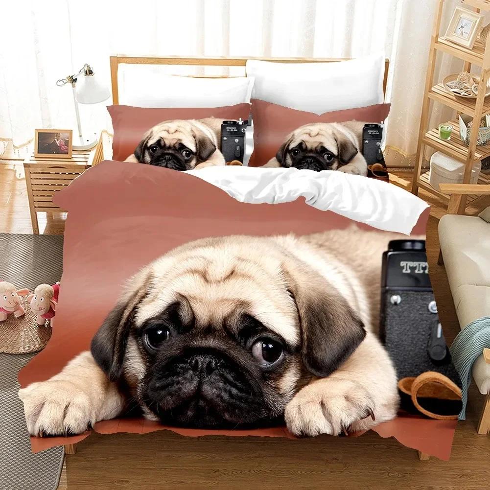 Lovely Pug Dog Animal Happy Dogs Comfortable Duvet Quilt Cover Pillowcase Bedding Set Children Bedroom Decoration Home Textile