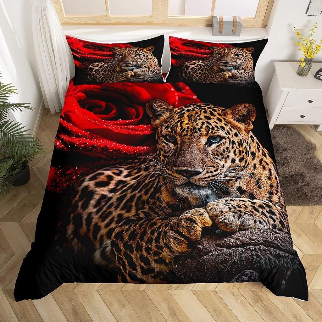 Leopard Bedding Set Wild Cheetah Comforter Cover Rose Romantic Floral Duvet Cover For Boys Girls Room Decor Twin Full Queen King