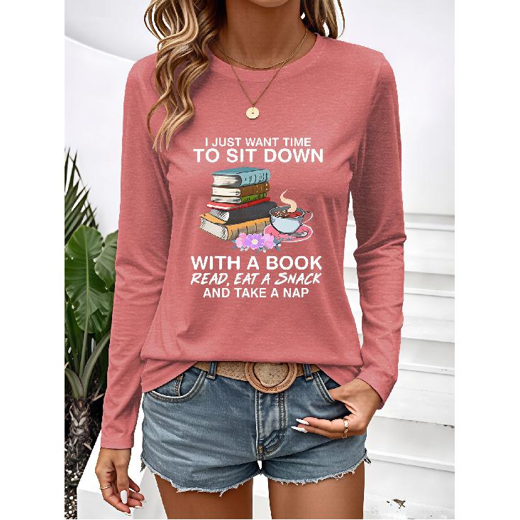 New long-sleeved women's tops for spring, autumn, and winter Reading coffee fun print, simple, stylish, elegant, casual, vintage style, new pattern,