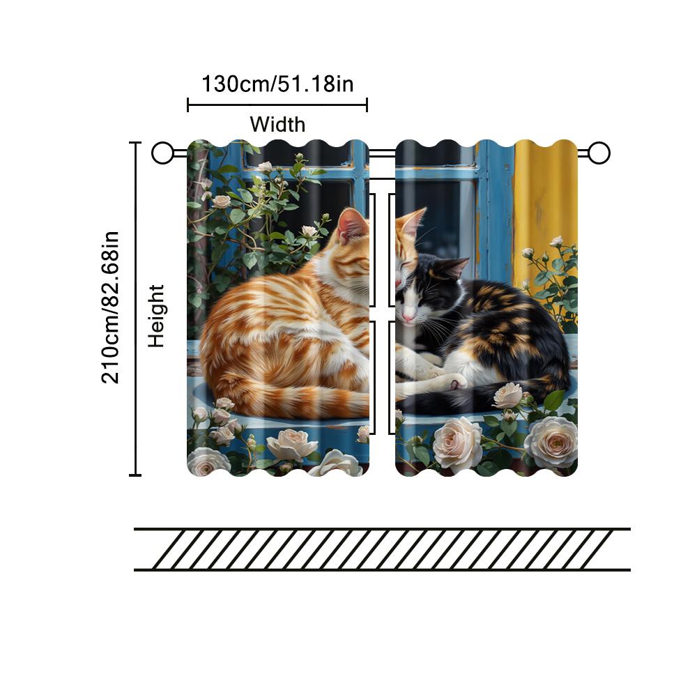 Set Of 2 Filtering Curtains Excluding Rods Non Movable Without Batteries Adorable Lazy Cat Flowers Use Bedrooms Curtain For Master Bedroom Made