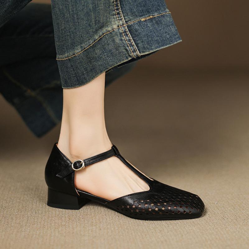Summer women's hollow sandals casual solid color bag heel size women's shoes buckle new square head flat bottom sandals women