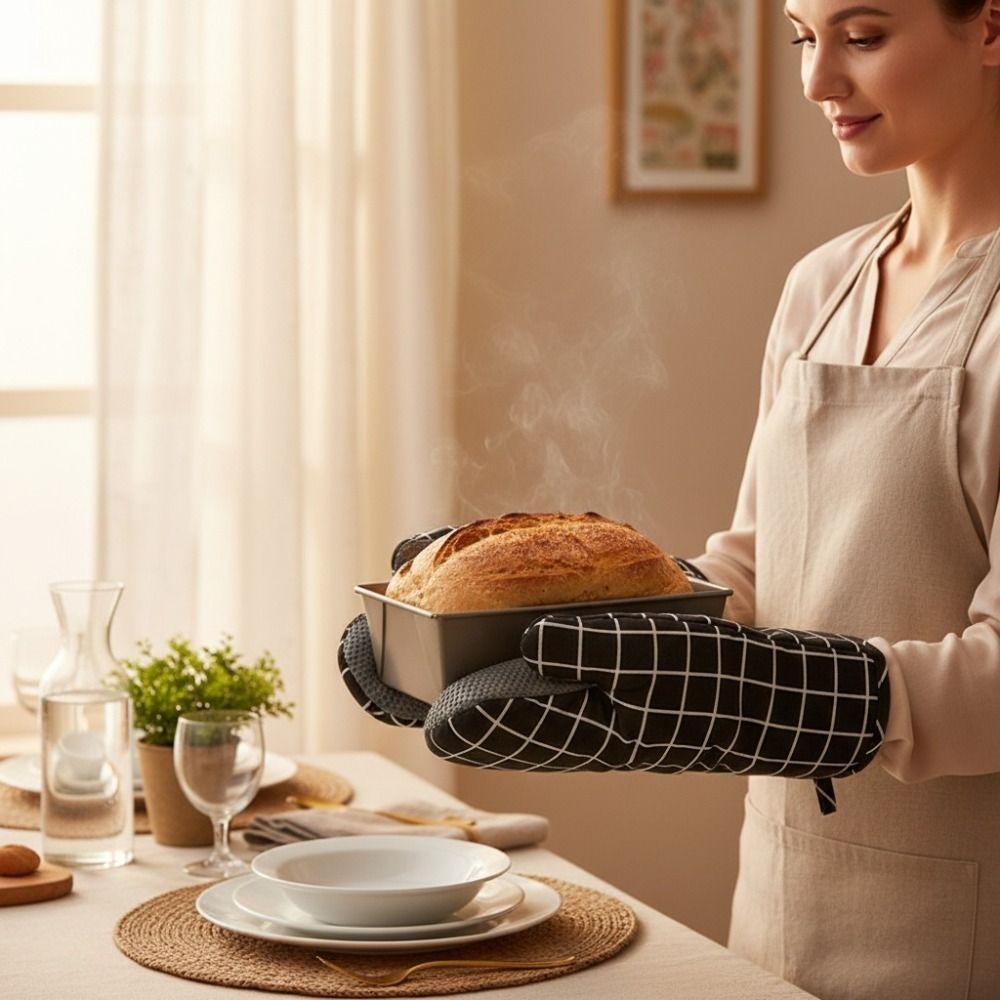 1 Pair Cotton Lining Oven Gloves Silicone Pad Design Baking Mitts Kitchen Microwave Gloves Hot Bowl