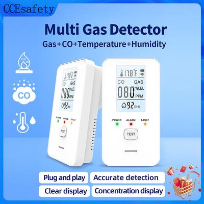 Detector de Gás e Monóxido de Carbono 4 em 1 Sensor de Temperatura e Umidade Plugue AC Detector de Vazamento de Gás Combustível Alarme de Gás Display LCD