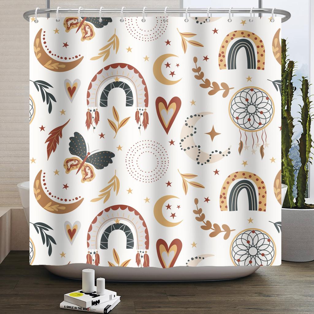 Nordic Style Shower Curtain Geometric Pattern Morandi Block Plant Leaves Home Bathroom Decoration Hanging Bath Curtain 12 Hooks