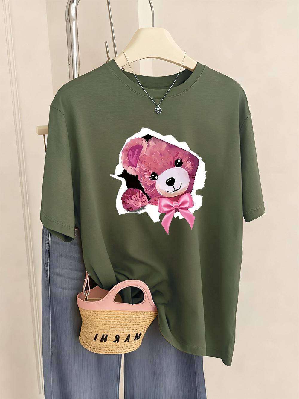 

Kawaii Pink Teddy Bear With Bow Prints T-Shirts Womens Casual O-Neck T Shirts Loose Short Sleeve Tops Summer Soft Woman Clothes S