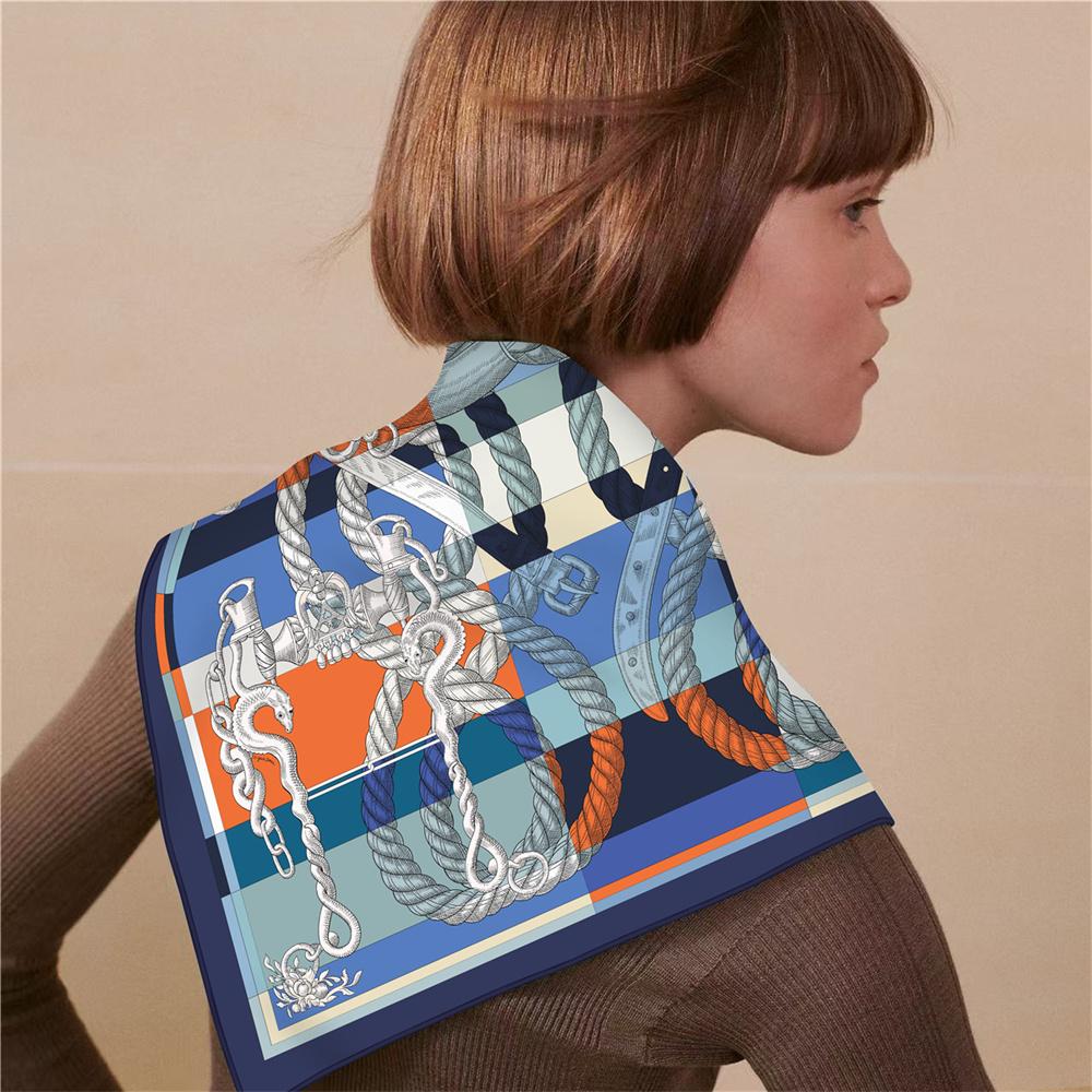 New Hand Rolled Twill Silk Scarf Women Fashion Double Side Printed Square Scarves Wraps Echarpes Foulards Femme Hijab 53CM