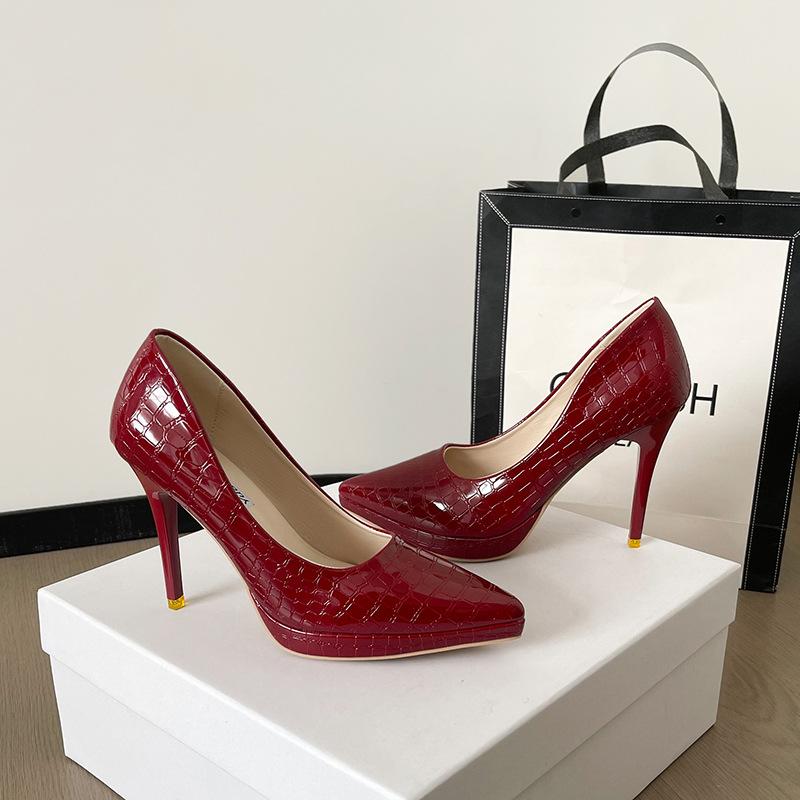 2025 Spring New European and American Style Banquet Super High Heels Women's Shoes Thin Heels Shallow Mouth Pointed Stone Pattern Sexy High Heels