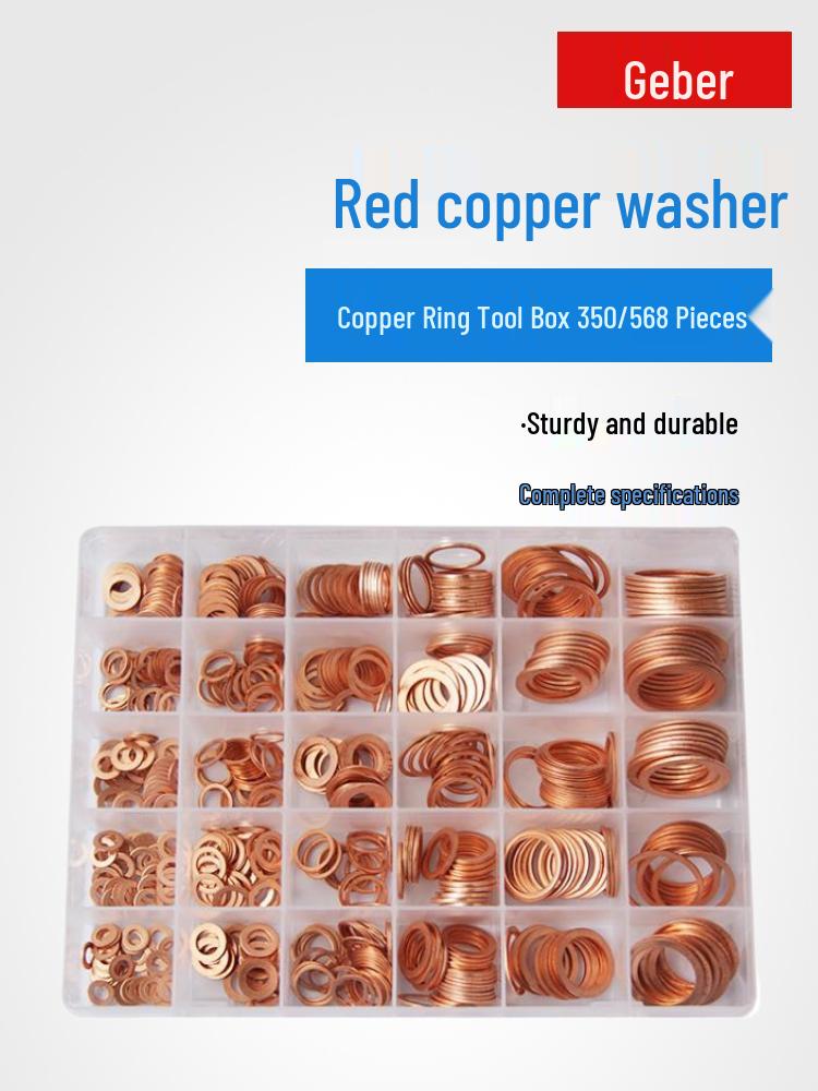 Red Copper Ring Gasket Repair Kit - Auto Parts Toolbox with Flat Gaskets