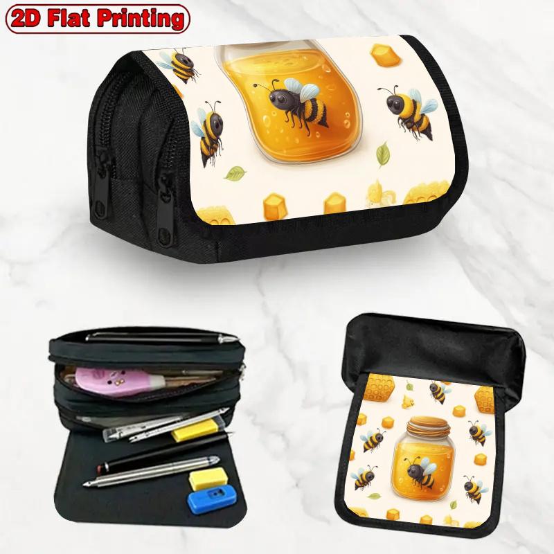 1pc Wasp Design Double Layer Flip Pencil Case - Multi-Layer Flip Cover Design, Storage Bag, Zipper Closure, Suitable for Schools, Offices, And Travel.