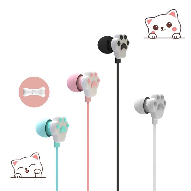 3.5Mm Wired Earphones For Girls Cute Cat Paw In-Ear Headphone With Mic Gaming