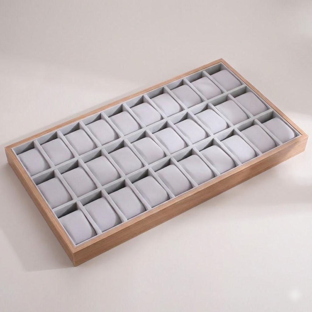 Wooden Watch Box 30 Slots Display Tray Organizer With Grey Velvet Pillows For Men Women