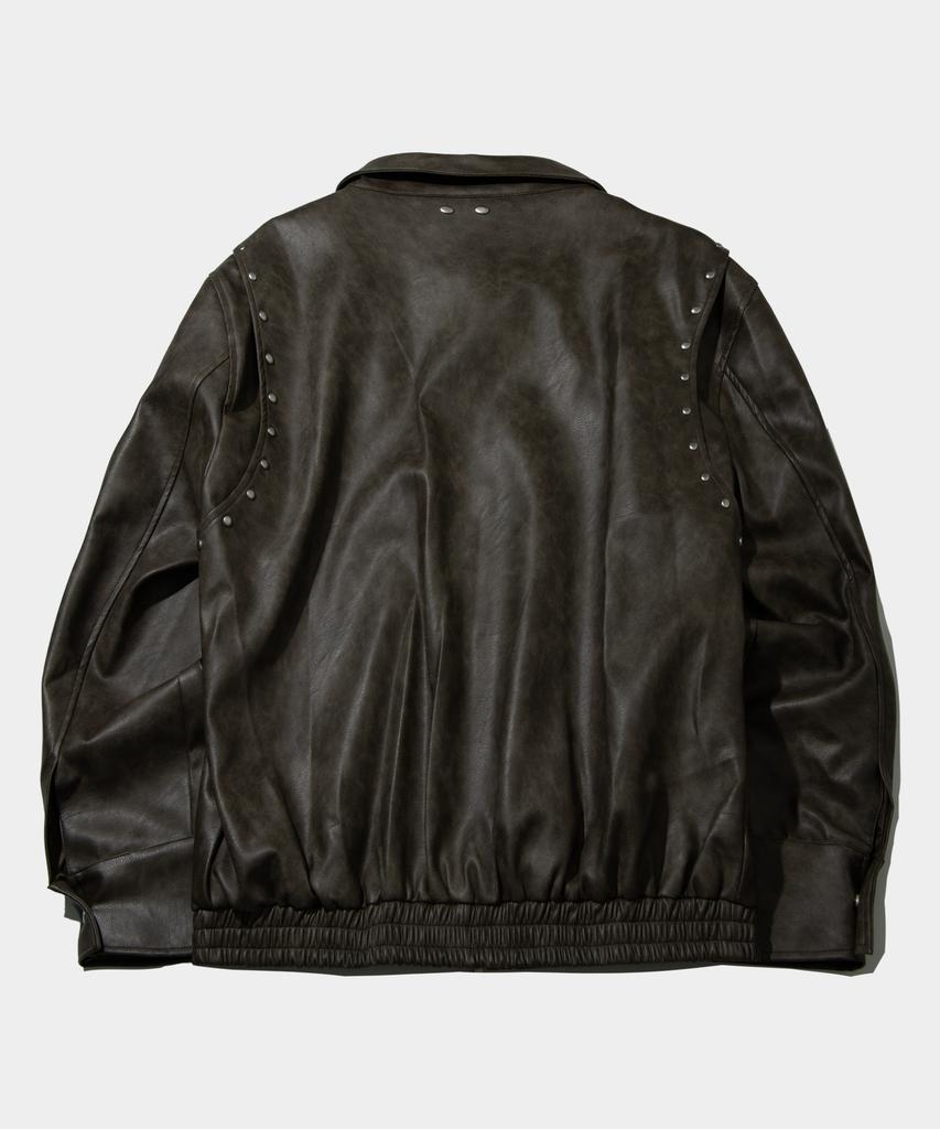 Placestudioman Crack Pigment Oversized Rivet Pocket Two-Way Leather Jacket [Brown]