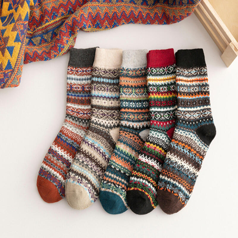 [Set of 5] Arumi Winter Thick Ethnic Pattern Mid-Calf Socks 5-piece set