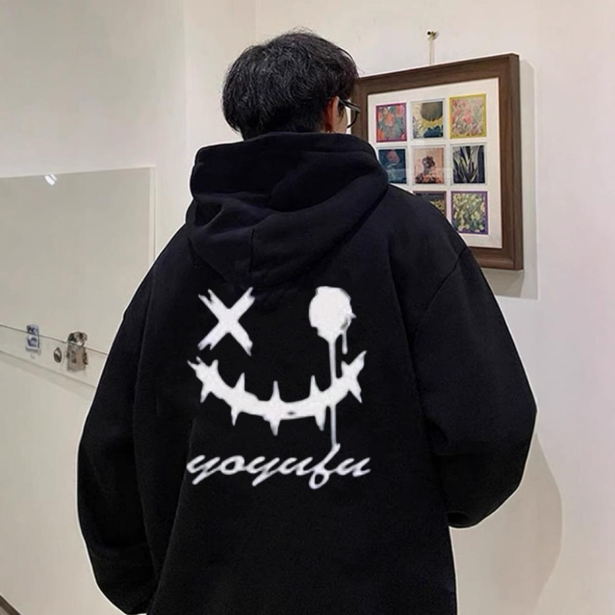 Printed Black Hooded Sweater Mens Latest Winter Youth Plus Velvet Coat In Autumn and Winter M чёрный