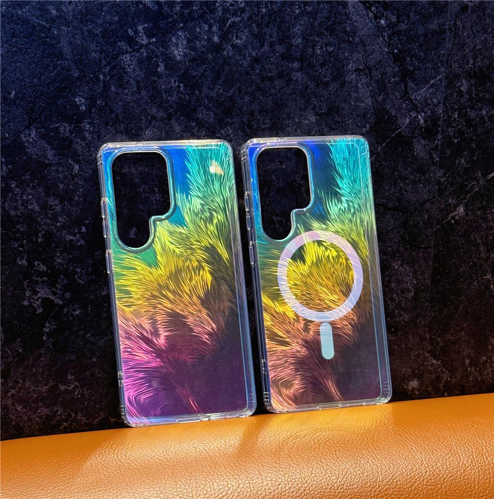Suitable for Samsung S25ultra Feather Yarn Magnetic Suction Mobile Phone Case Gradient S25edge Color Plated S24 Laser Colorful Anti-fall