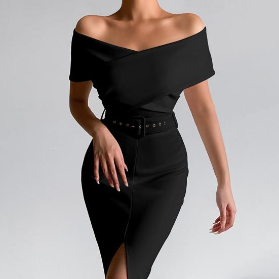 Women Dress Strapless Off Shoulder with Belt Solid Color Party Evening Dress for Office