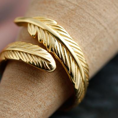 Gold Plated Sterling Silver 925 Feather Ring Adjustable F114