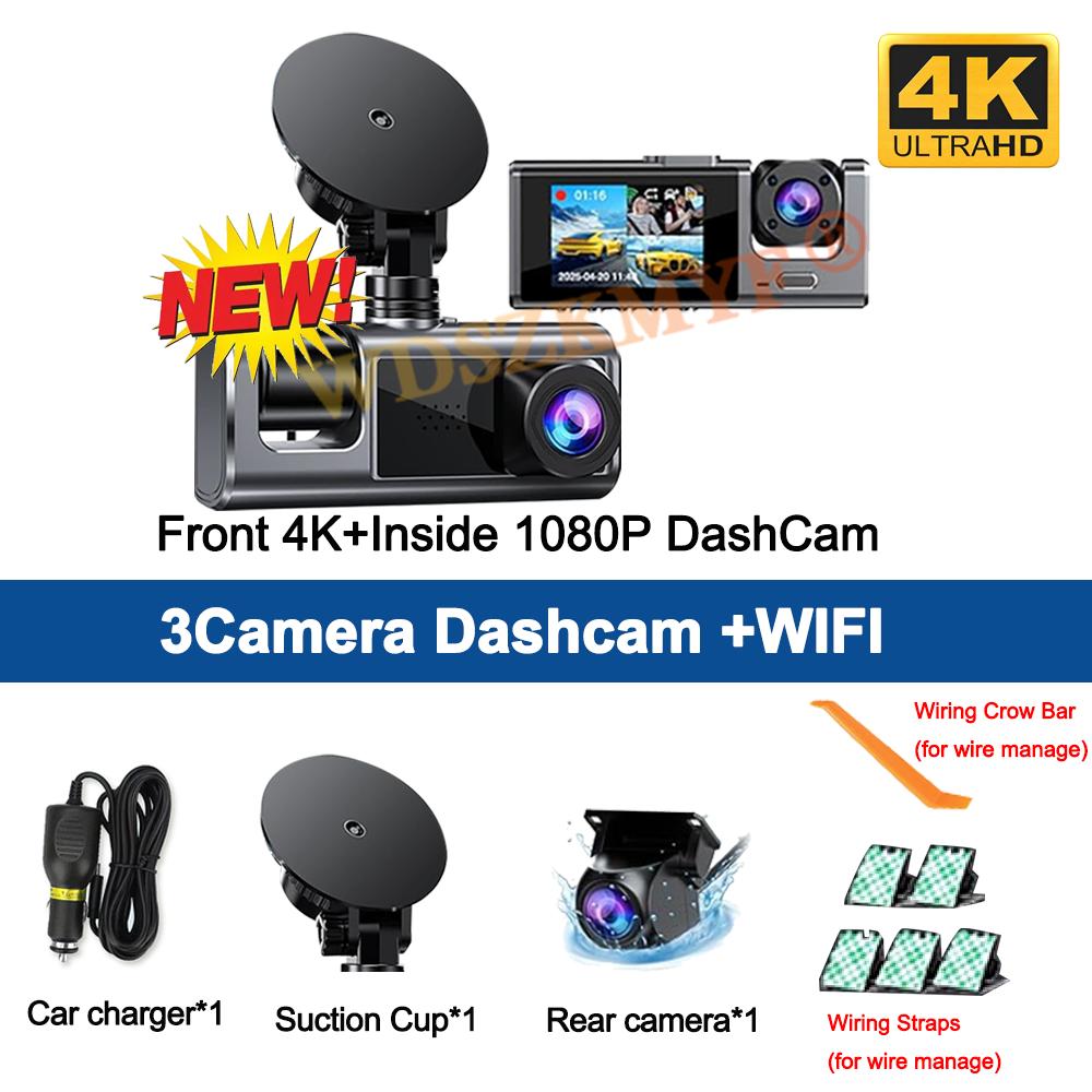 4K Car DVR 2/3Channel Front Inside Rear View Camera Voice WIFI Black Box DashCam for Cars Video Recorder Vehicle Car Accessories