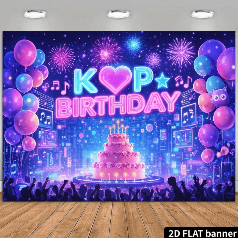 2D plane K-POP theme birthday party background with the theme of K-POP Birthday in neon blue and pink colors 100x150cm