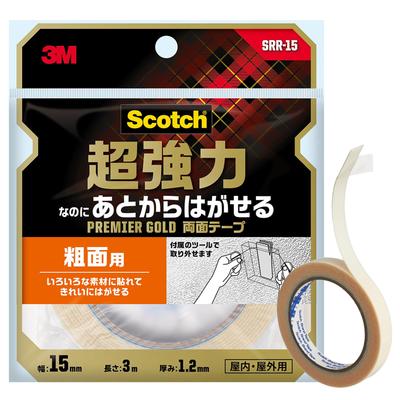 3M Super for Rough 15mm Wide X 3m Scotch Premier Gold Double-Sided Tape, Strong, Removable, Surfaces, Long, SRR-15, Semi-Long,