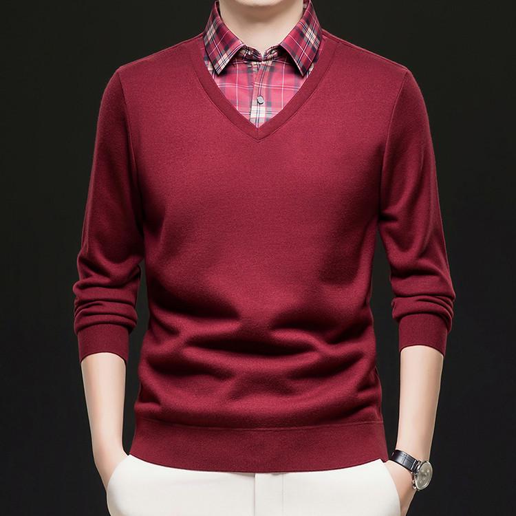 Men's Autumn/Winter Fake Two-Piece Knit Sweater with Velvet Warm Shirt Collar
