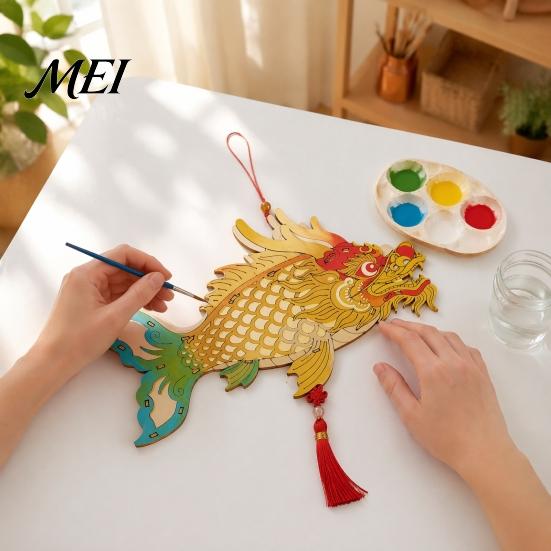DIY Lantern Assembly Toy Chinese Dragon Fish Kit, Coloring Crafts for Mid-Autumn Holiday Decoration Festival, Handmade Handheld Wooden Kids