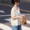 Korean Fashion Summer Women Beige Blouse V Neck Embroidery Hollow Out Tencel Shirt Puff Sleeve Office Lady Feminine Lace Blouse