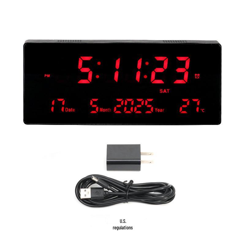 Large Wall-Mounted Digital LED English Calendar Clock with Temperature Display